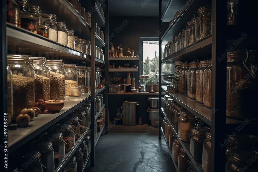 food supplies on shelves in a room, pantry and storage of food, emergency supplies or prepper. Generative AI