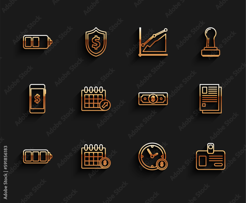 Set line Battery charge level indicator, Financial calendar, Time is money, Identification badge, Calendar, File document and Stacks paper cash icon. Vector Set line Battery charge level indicator, Financial calendar, Time is money, Identification badge, Calendar, File document and Stacks paper cash icon. Vector
