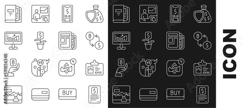 Set line Business finance report, Identification badge, Cryptocurrency exchange, Mobile with dollar, Dollar plant, Computer growth graph, Office folders and Stock market news icon. Vector