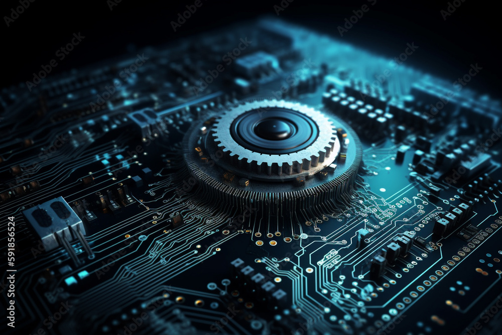 gear wheel on circuit board, fictitious technology mechanic parts. Generative AI gear wheel on circuit board, fictitious technology mechanic parts. Generative AI