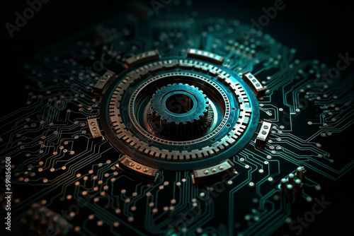 gear wheel on circuit board, fictitious technology mechanic parts. Generative AI