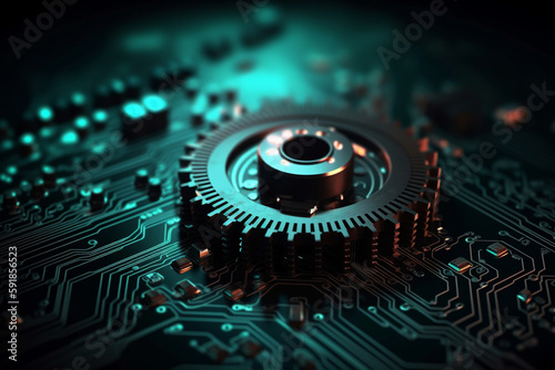 gear wheel on circuit board, fictitious technology mechanic parts. Generative AI