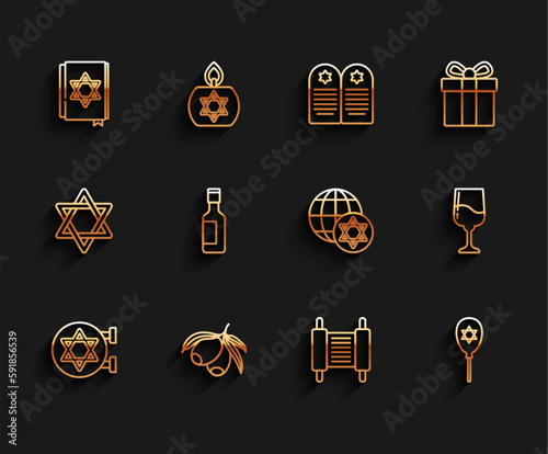 Set line Jewish synagogue, Olives branch, torah book, Torah scroll, Balloon with star of david, wine bottle, goblet and World Globe and Israel icon. Vector