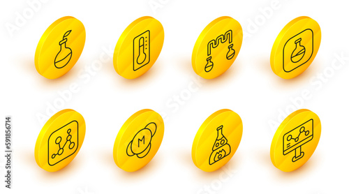 Set line Chemical formula, Test tube flask on fire, Molecule, and, Medical thermometer and Plant breeding icon. Vector