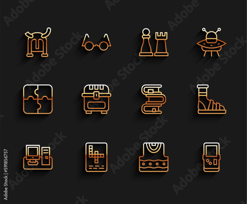 Set line Monitor with keyboard, Crossword, Viking in horned helmet, Waistcoat, Tetris, Antique treasure chest, Slippers socks and Book icon. Vector