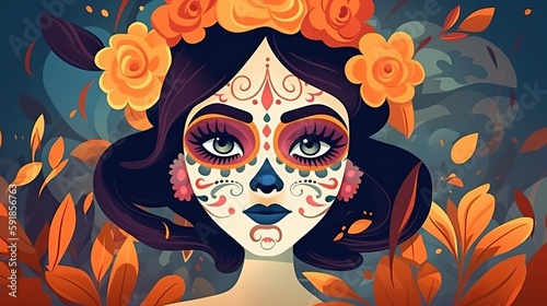 Day of the Dead or Dia de los muertos with maxican girl portrait wearing carnival mask of the day of the dead © Deep Ai Generation