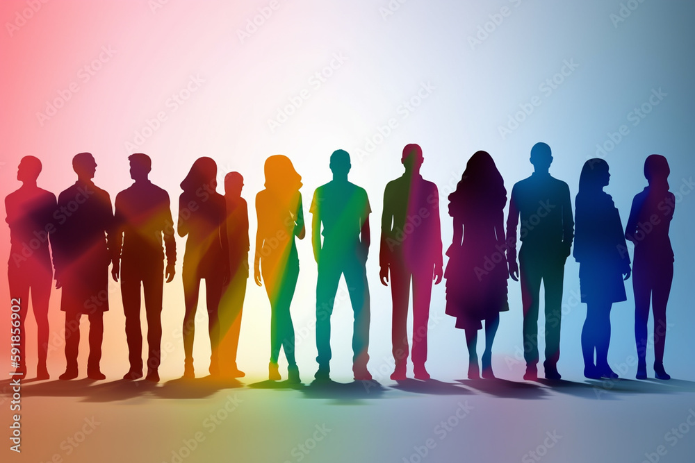 colorful upper body silhouettes of different men and women and diverse, people in row in colors female and male. Generative AI
