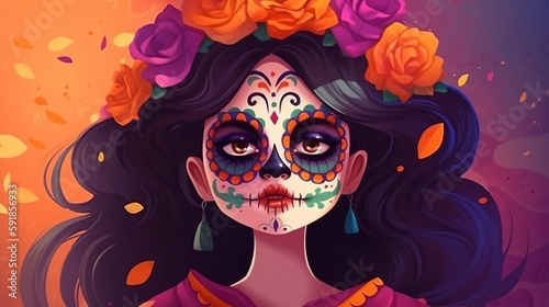 Day of the Dead or Dia de los muertos with maxican girl portrait wearing carnival mask of the day of the dead