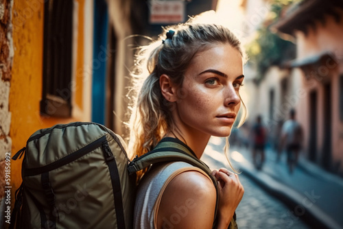 young woman tourist with a backpack, travel summer holidays, vacations in a side street in a old town. Generative AI