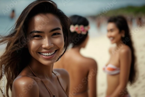 happy young adult woman on the beach, in bikini, fictional location. Generative AI