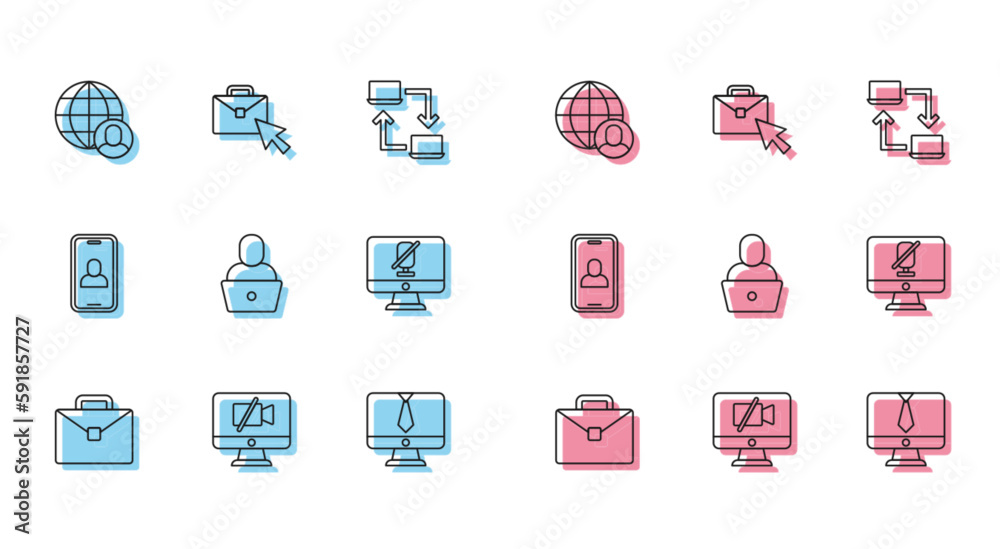 Set line Briefcase, Video camera Off on computer, Freelancer, chat conference, Mute microphone, and Online working icon. Vector Set line Briefcase, Video camera Off on computer, Freelancer, chat conference, Mute microphone, and Online working icon. Vector