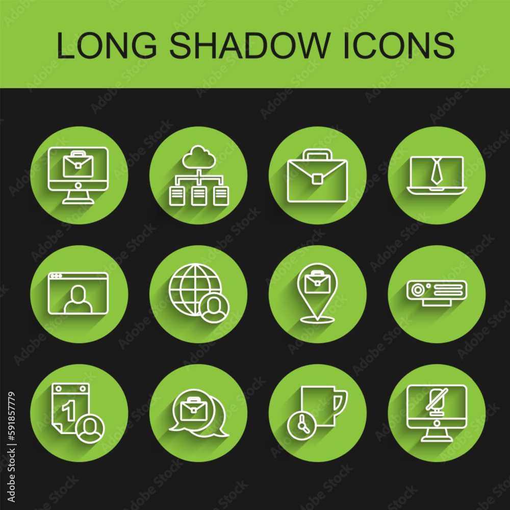 Set line Time management, Online working, Mute microphone on computer, Freelancer, Web camera and icon. Vector Set line Time management, Online working, Mute microphone on computer, Freelancer, Web camera and icon. Vector