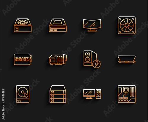 Set line Hard disk drive HDD, Server, Data, Web Hosting, Computer cooler, monitor, Motherboard digital chip, Video graphic card, Laptop and Case of computer icon. Vector