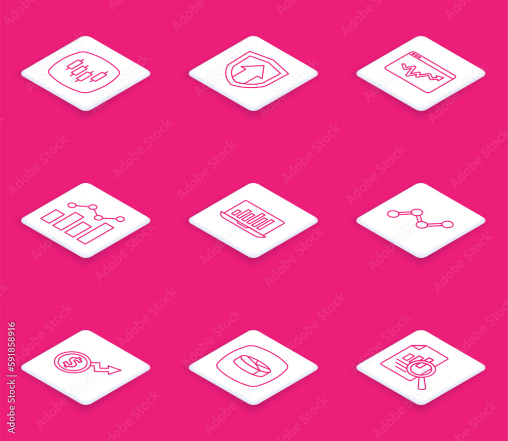 Set line Browser with stocks market, Financial growth, Graph chart infographic, Laptop, dollar and Pie icon. Vector Set line Browser with stocks market, Financial growth, Graph chart infographic, Laptop, dollar and Pie icon. Vector