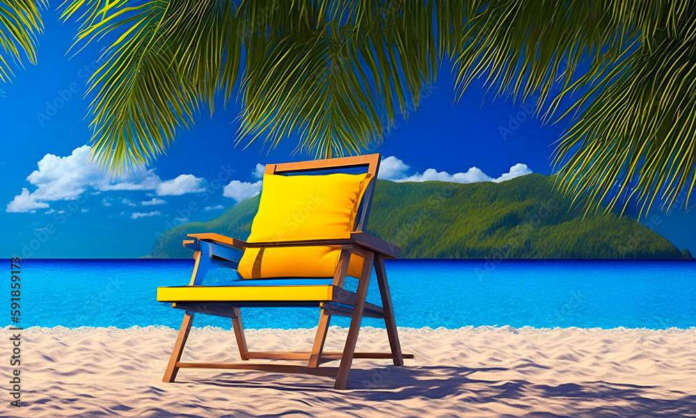 Summer beach concept, chair with ring floating on blue background. 3d rendering, Generative AI