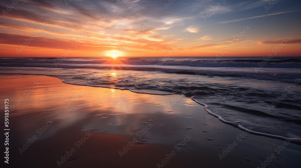 Serene Sunset: A Stunning Display of Color over the Calm Ocean. Experience the breathtaking beauty of nature with this stunning photograph of a colorful sunset over a serene ocean
