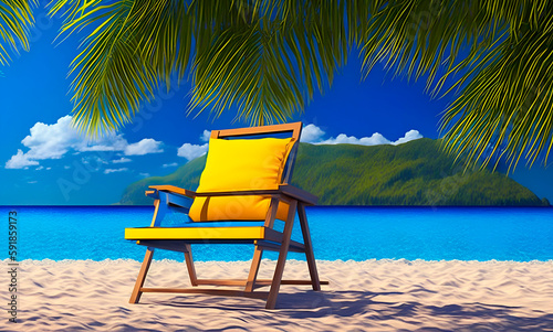 Summer beach concept, chair with ring floating on blue background. 3d rendering, Generative AI