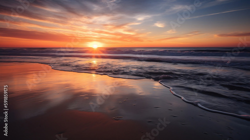 Serene Sunset: A Stunning Display of Color over the Calm Ocean. Experience the breathtaking beauty of nature with this stunning photograph of a colorful sunset over a serene ocean