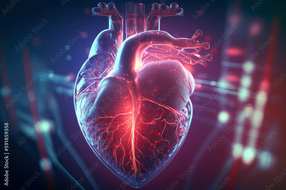Human Heart Model on Dark Bokeh Background for Health, Medicine, and Cardiology Concepts - Generative AI - obrazy, fototapety, plakaty 