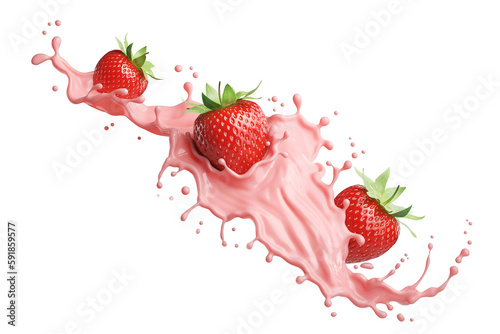 Fotografiet milk or yogurt splash with strawberries isolated on white background, 3d rendering