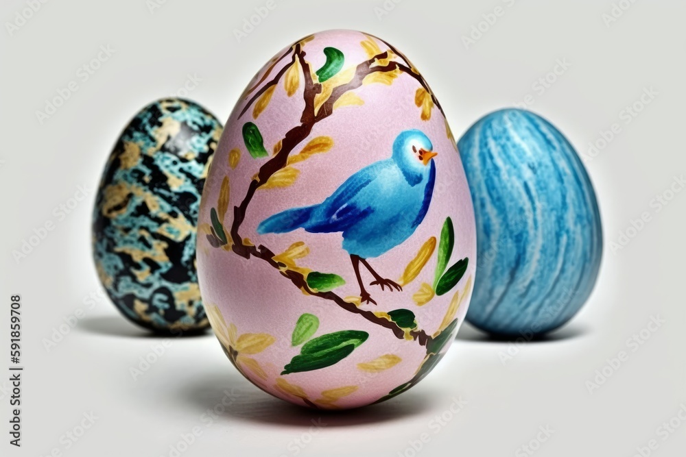 Beautiful multi colorful easter eggs from design and hand painted for festival holiday on blue wooden plank background, Generative AI Beautiful multi colorful easter eggs from design and hand painted for festival holiday on blue wooden plank background, Generative AI