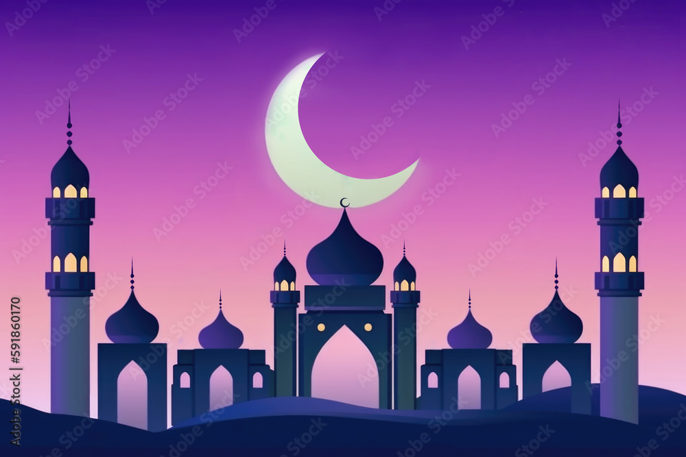 Beautiful Mosque Illustration with Crescent Moon on Gradient Background. Eid Mubarak Concept. Generative AI