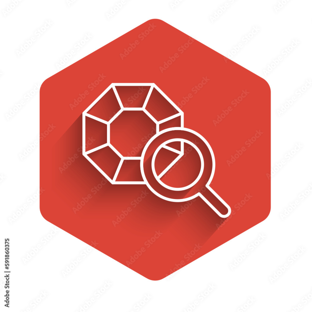 White line Gem stone icon isolated with long shadow background. Jewelry symbol. Diamond. Red hexagon button. Vector White line Gem stone icon isolated with long shadow background. Jewelry symbol. Diamond. Red hexagon button. Vector