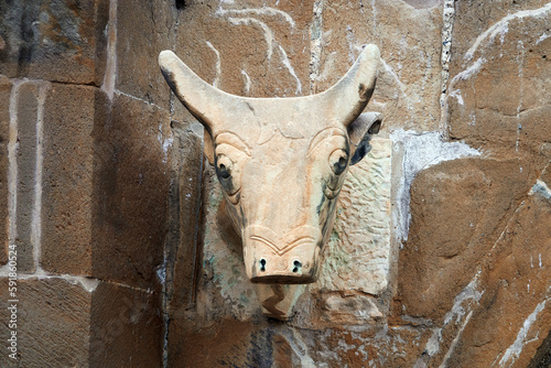 Mtskheta, Georgia. Svetitskhoveli is the cathedral patriarchal temple of the Georgian Orthodox Church, the main cathedral of all Georgia. Sculpture of a bull's head at the entrance.  photo