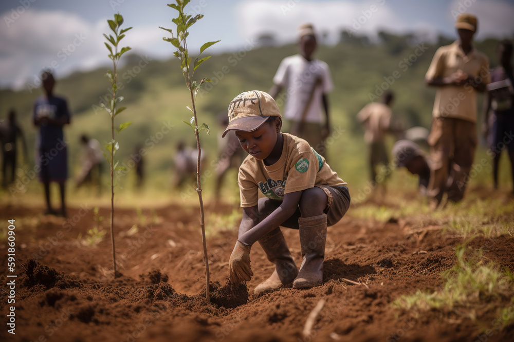 Forestry experts and volunteers planting trees as part of a reforestation project. The image captures the moment a child places a sapling in the soil, symbolizing hope for the future. Generative AI Forestry experts and volunteers planting trees as part of a reforestation project. The image captures the moment a child places a sapling in the soil, symbolizing hope for the future. Generative AI