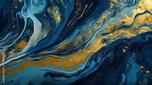 blue and gold marble abstract background, generative ai
