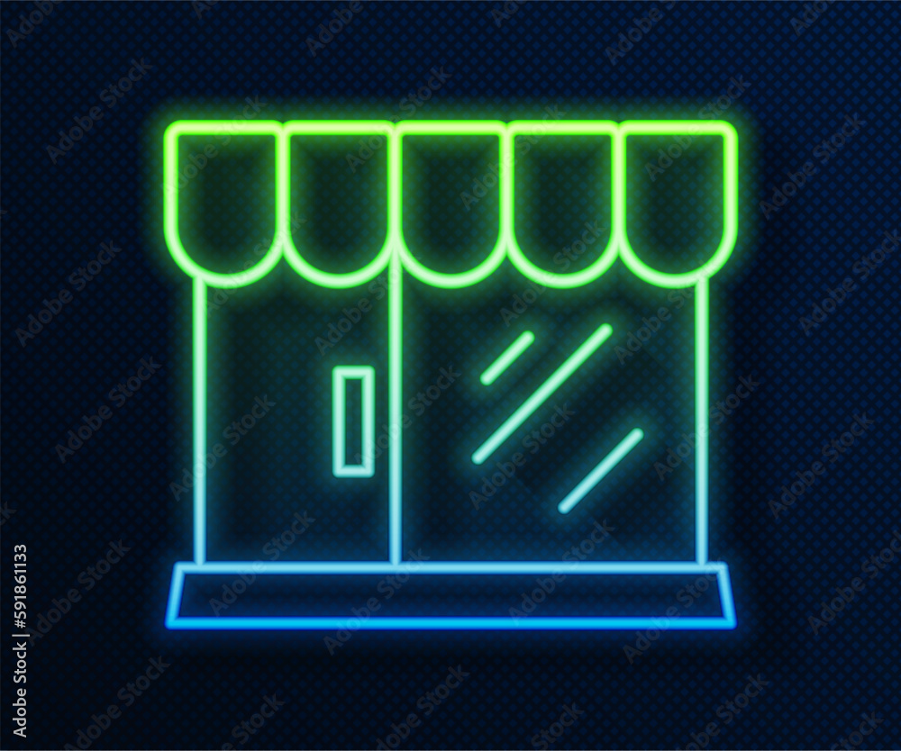 Glowing neon line Barbershop building icon isolated on blue background. Vector Glowing neon line Barbershop building icon isolated on blue background. Vector