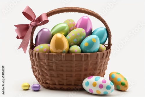 Happy Easter day colorful eggs in basket, Generative AI