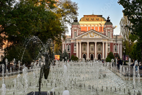 Sofia, Bulgaria, October 19th, A calm afternoon next to the Bulgarian national theatre Ivan Vazov and the fountain in front of it photo