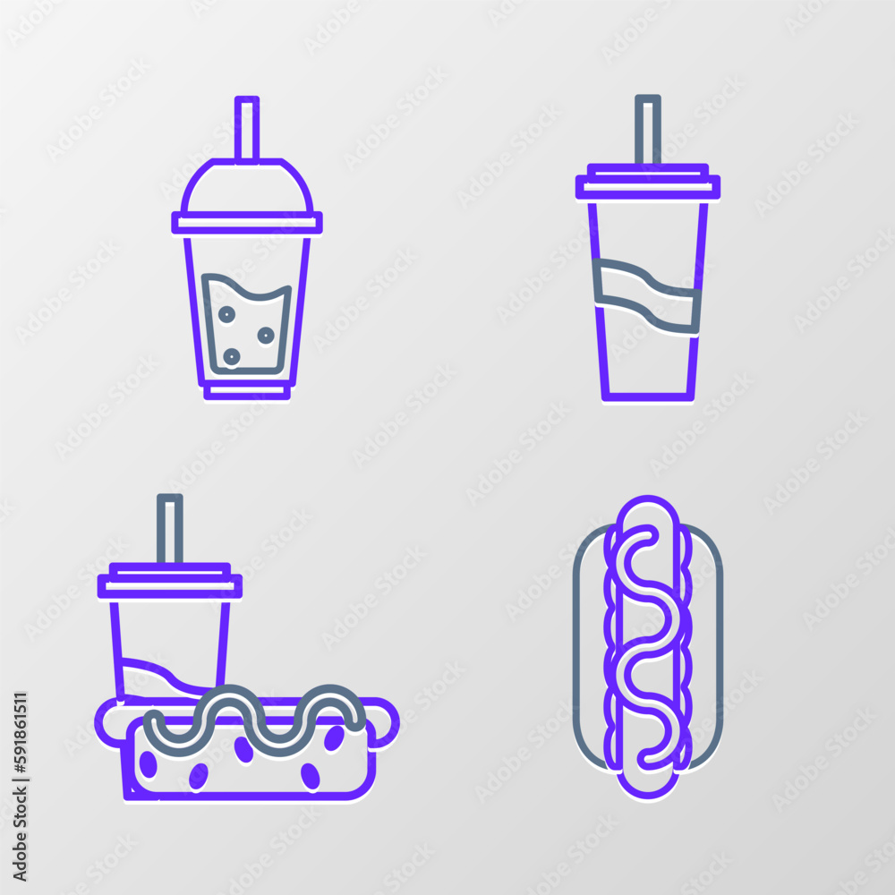 Set line Hotdog sandwich with mustard, Paper glass drinking straw hotdog, water and Glass of lemonade icon. Vector