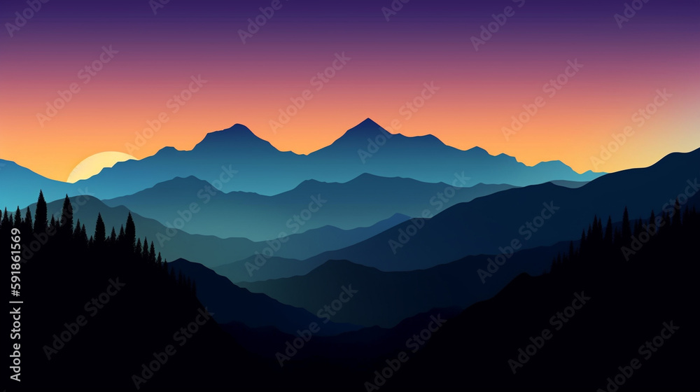 sunrise in the silhouette of mountains, generative ai