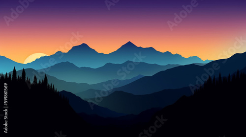 sunrise in the silhouette of mountains, generative ai