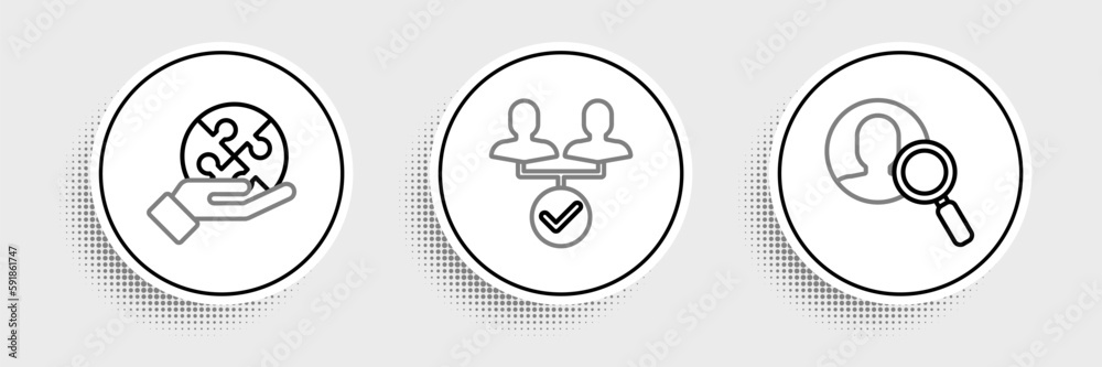 Set line Magnifying glass for search a people, Piece of puzzle hand and Project team base icon. Vector Set line Magnifying glass for search a people, Piece of puzzle hand and Project team base icon. Vector