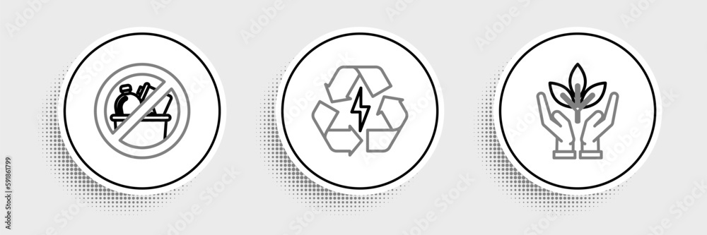 Set line Plant in hand of environmental protection, No trash and Battery with recycle symbol icon. Vector Set line Plant in hand of environmental protection, No trash and Battery with recycle symbol icon. Vector