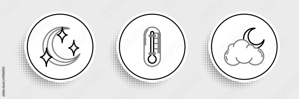 Set line Cloud with moon and stars, Moon and Thermometer icon. Vector Set line Cloud with moon and stars, Moon and Thermometer icon. Vector