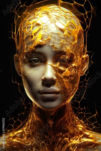 Golden Fantasy: Abstract Digital Art with Sci-Fi Elements Featuring a Model with Gold Cutouts, Generative AI