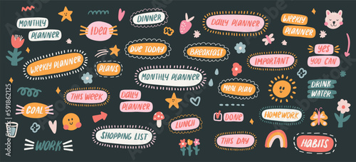 Kawaii Typography stickers for Daily and Weekly Planner. Cute elements with lettering, motivation quote for scheduler or organizer