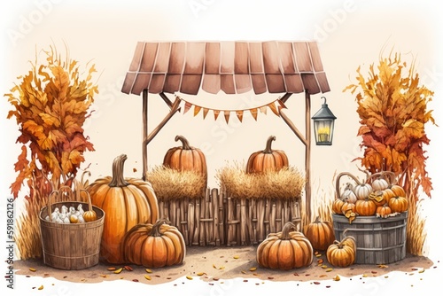 harvest scene with pumpkins and hay bales in the fall. Generative AI