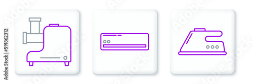 Set line Electric iron, Kitchen meat grinder and Air conditioner icon. Vector