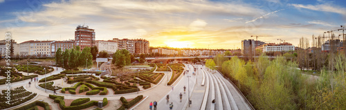 Panoramic top view of the park Madrid Rio from Puente de Toledo, Spain.