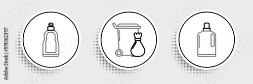 Set line Plastic bottles for liquid dishwashing liquid, and Trash can icon. Vector