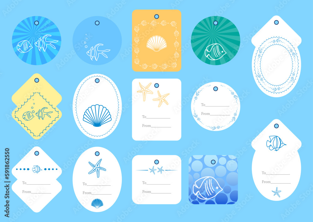 paper cards with fishes and sea shells - vector set
