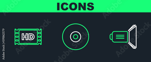 Set line Movie spotlight, 4k movie, tape, frame and CD or DVD disk icon. Vector