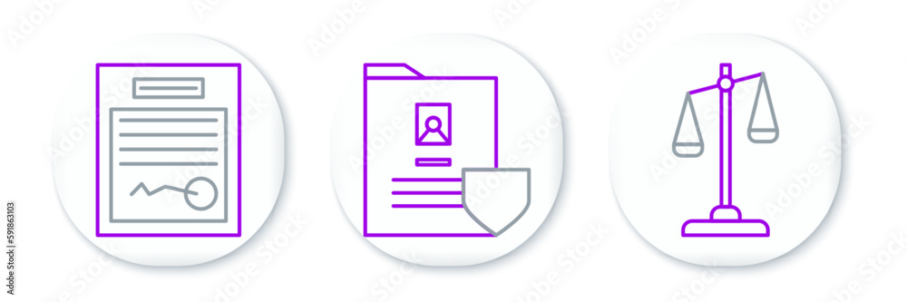 Set line Scales of justice, Filled form and Document with shield icon. Vector Set line Scales of justice, Filled form and Document with shield icon. Vector