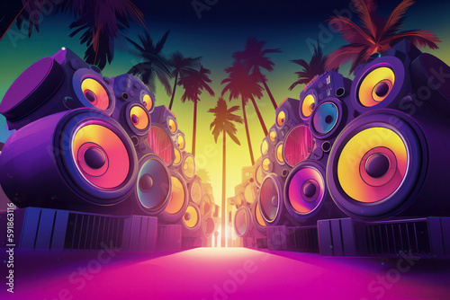 Ultra wide angle view of massive modern party speakers at a hot summer vacation dance party, surrounded by palm trees during sunset - perfect for club, live music, and dance events. Generative AI