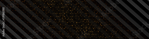 Black and luxury golden abstract background with shiny dots. Vector banner design